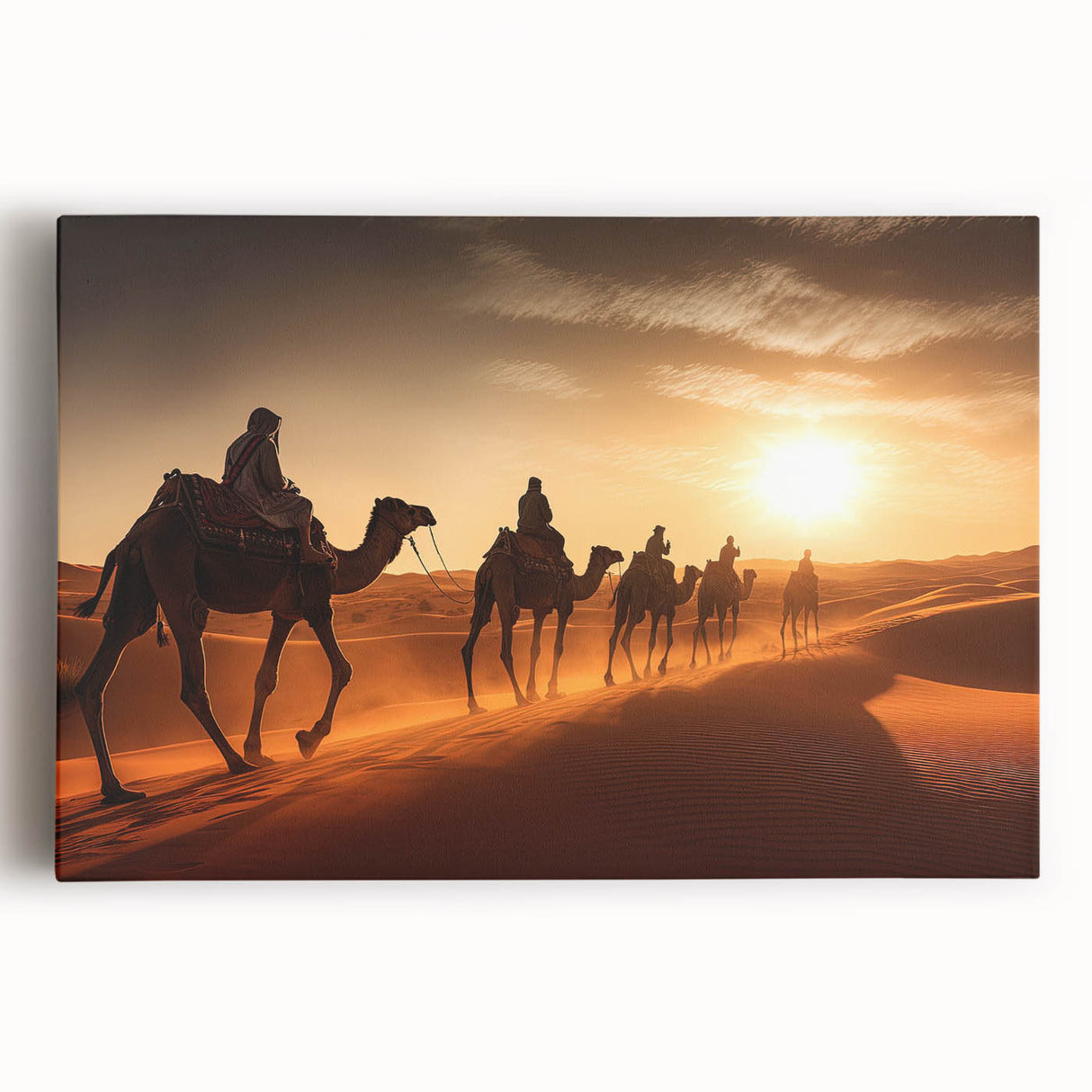 Stretched canvas wall art depicting a vibrant front view of a camel in a desert landscape, showcasing rich colors and intricate design details, perfect for wildlife decor.