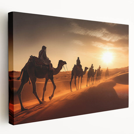 Side view of a vibrant stretched canvas featuring a detailed camel design, part of a wildlife wall art collection, showcasing earthy tones and textures ideal for home decor.