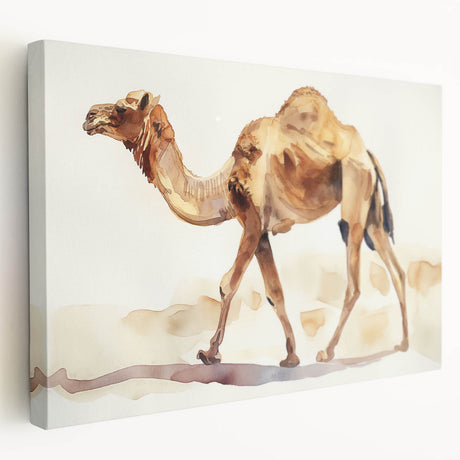 Stretched canvas wall art featuring a side view of a stylized camel design, showcasing earthy tones and intricate details, ideal for enhancing home decor.