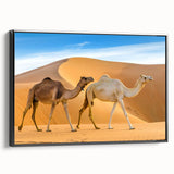 Framed canvas wall art showcasing a black and white side view of a camel, perfect for animal lovers and desert-themed decor, adding elegance to any room.