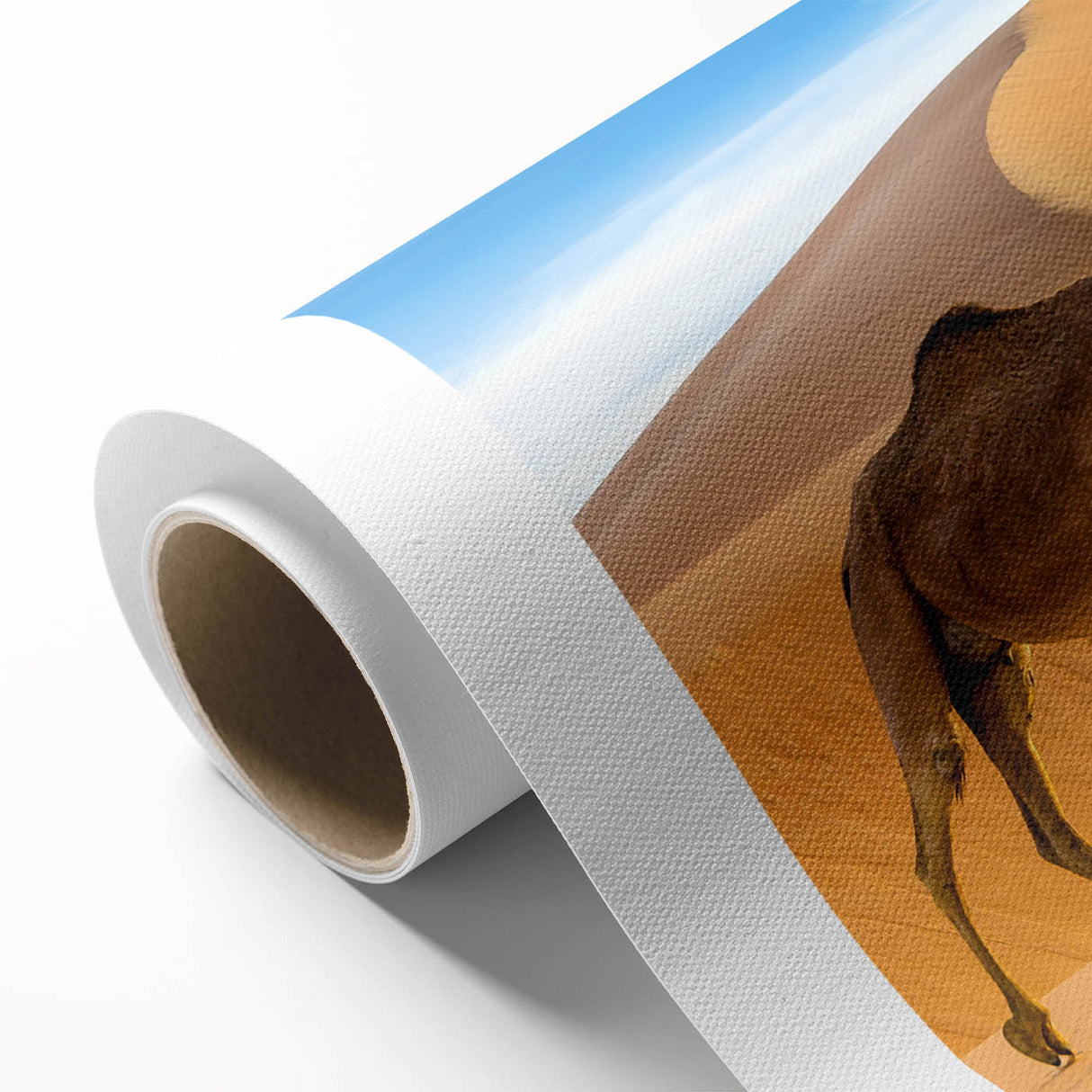 Rolled canvas wall art showcasing a vibrant camel design, inspired by wildlife themes, perfect for adding a unique touch to home decor. The artwork is elegantly displayed with warm earth tones and intricate details, emphasizing the beauty of nature.