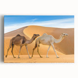 Front view of a stretched canvas wall art piece featuring a striking camel design, showcasing vibrant colors and intricate details, perfect for animal lovers and home decor enthusiasts.