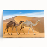 Vibrant stretched canvas wall art featuring a detailed camel design in a desert landscape, showcasing earthy tones and intricate textures, ideal for animal lovers.