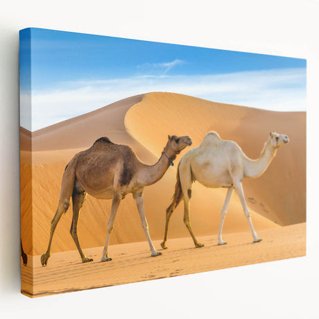 Stretched canvas wall art featuring a side view of a camel against a vibrant desert backdrop, showcasing detailed textures and warm colors, perfect for animal lovers.