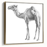 Framed wall art featuring a side view of a majestic camel in a desert landscape, highlighted by elegant gold accents, perfect for animal-themed home decor.