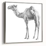 Framed canvas wall art featuring a side view of a silver-toned camel in a minimalist design, perfect for animal lovers and modern decor enthusiasts.