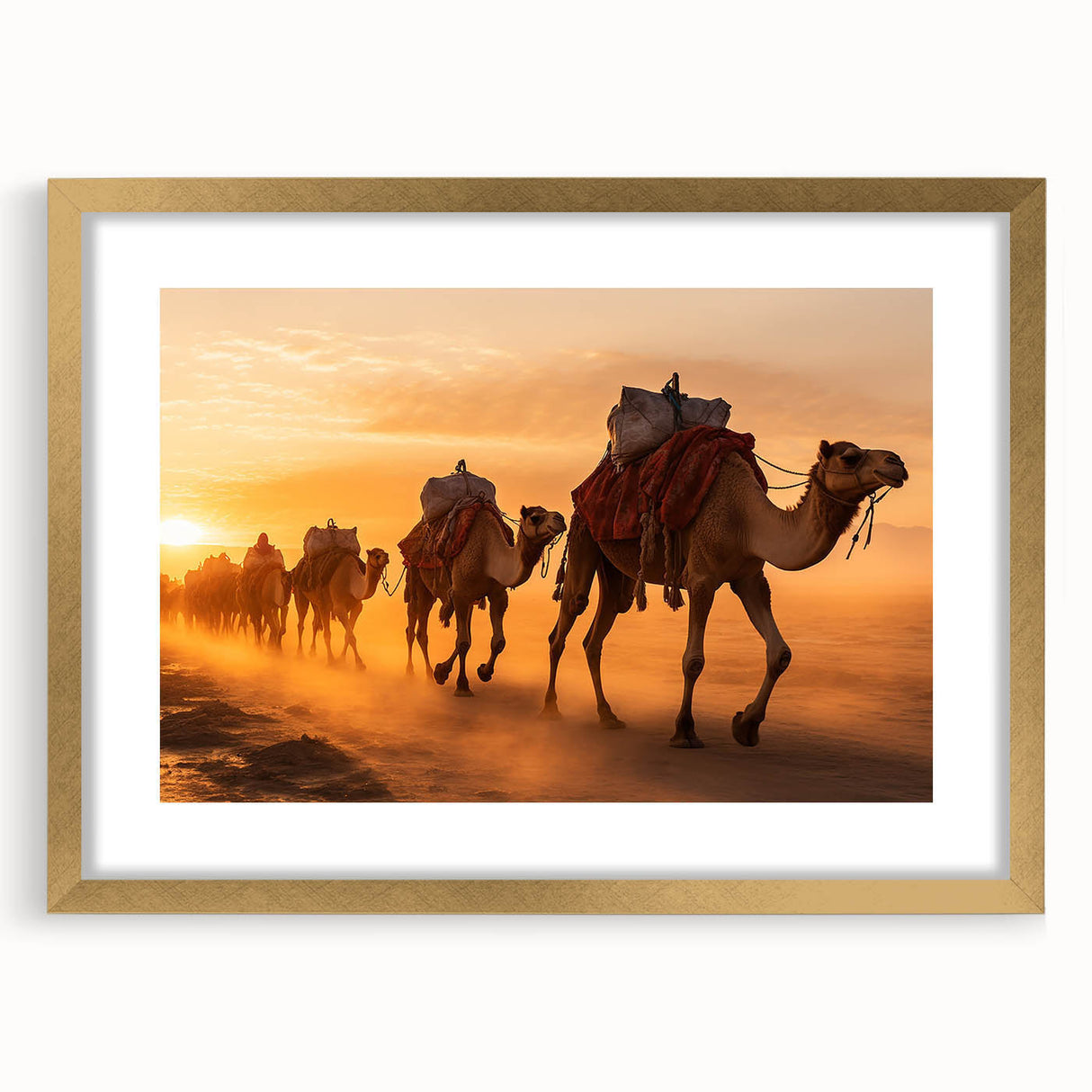 Camel-themed wall art collection framed in gold, showcasing a detailed desert scene with vibrant colors and intricate designs, perfect for animal lovers and decor enthusiasts.