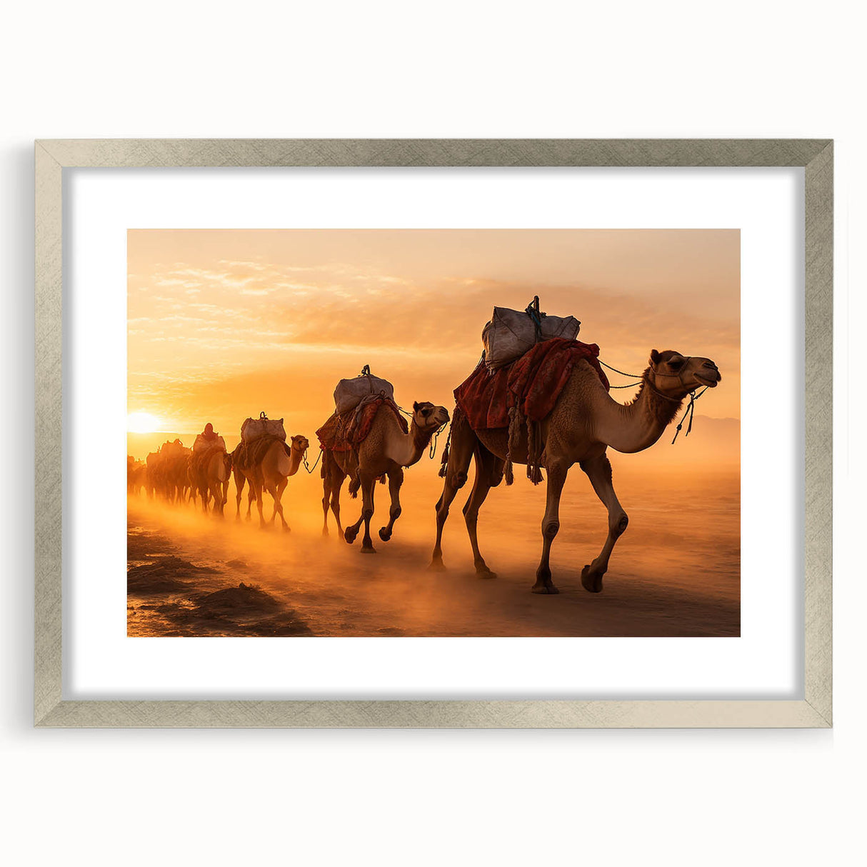 Framed wall art featuring a stylish camel design in a silver frame with a mat, showcasing intricate details and vibrant colors, perfect for animal lovers.