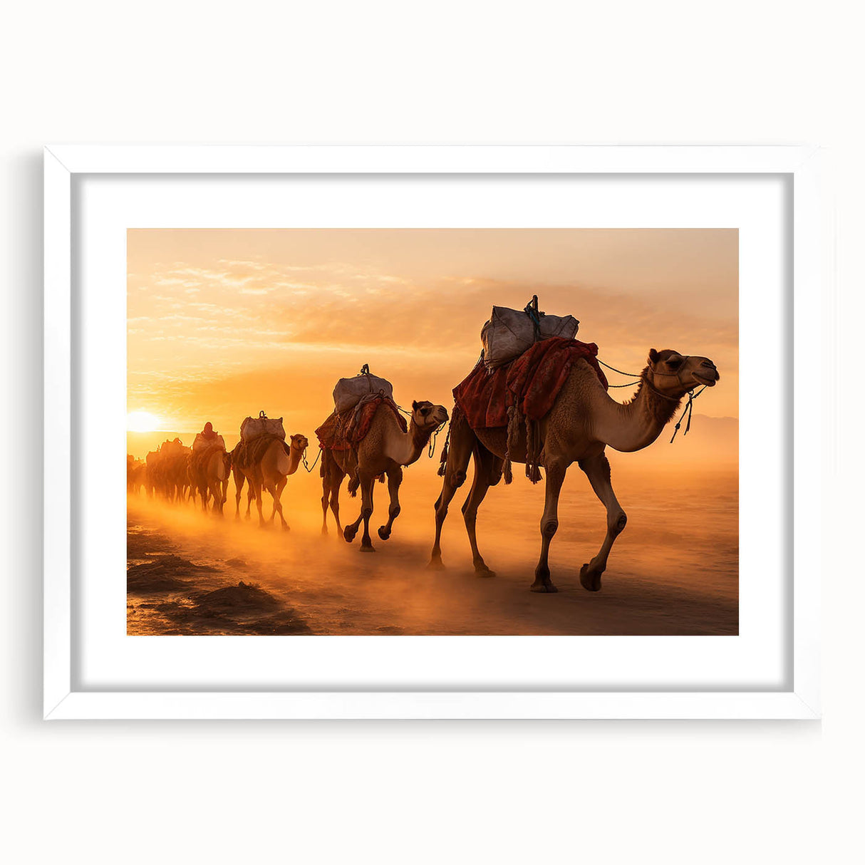 Camel wall art collection framed in white with a mat, showcasing a vibrant desert scene featuring a camel against a colorful backdrop, perfect for home decor.