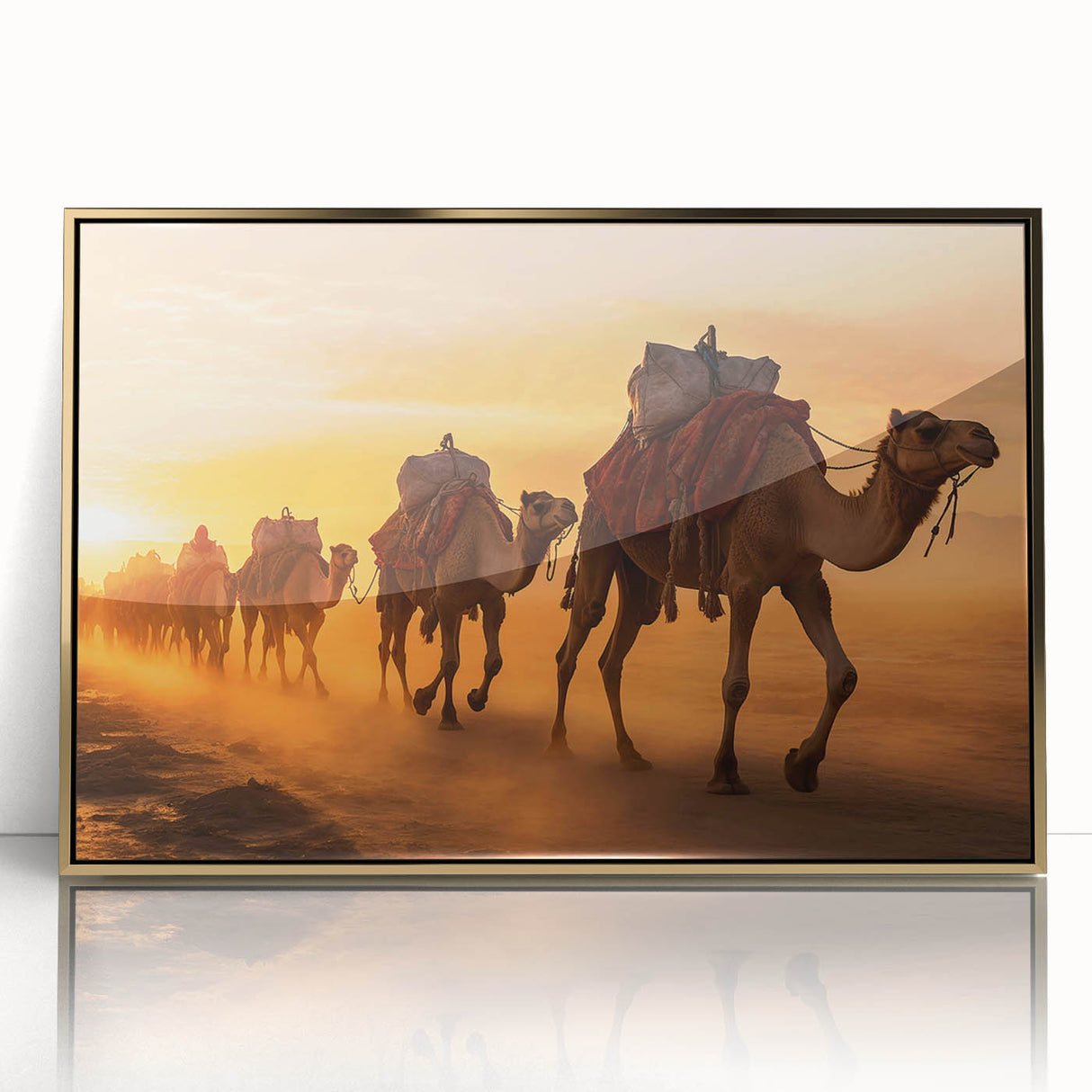 Framed wall art featuring a striking golden-acrylic design of a camel in a desert setting, ideal for enhancing home decor with a touch of wildlife elegance.
