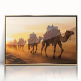 Framed wall art featuring a striking golden-acrylic design of a camel in a desert setting, ideal for enhancing home decor with a touch of wildlife elegance.