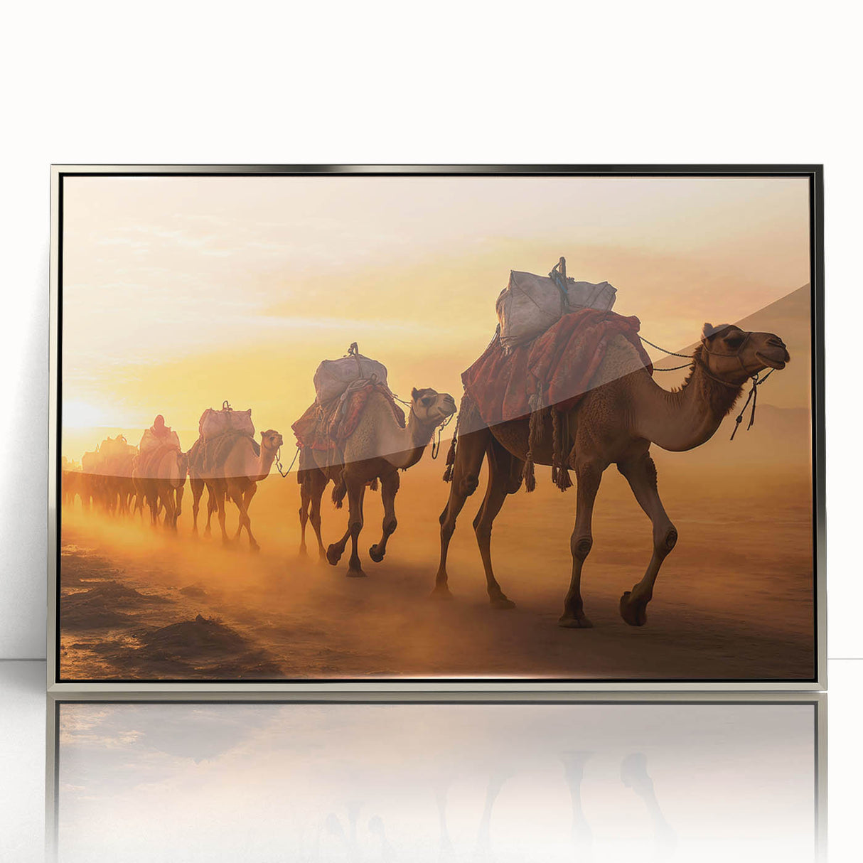 Framed wall art featuring a striking camel design in a silver acrylic frame, showcasing vibrant colors and intricate details, perfect for animal lovers and home decor enthusiasts.
