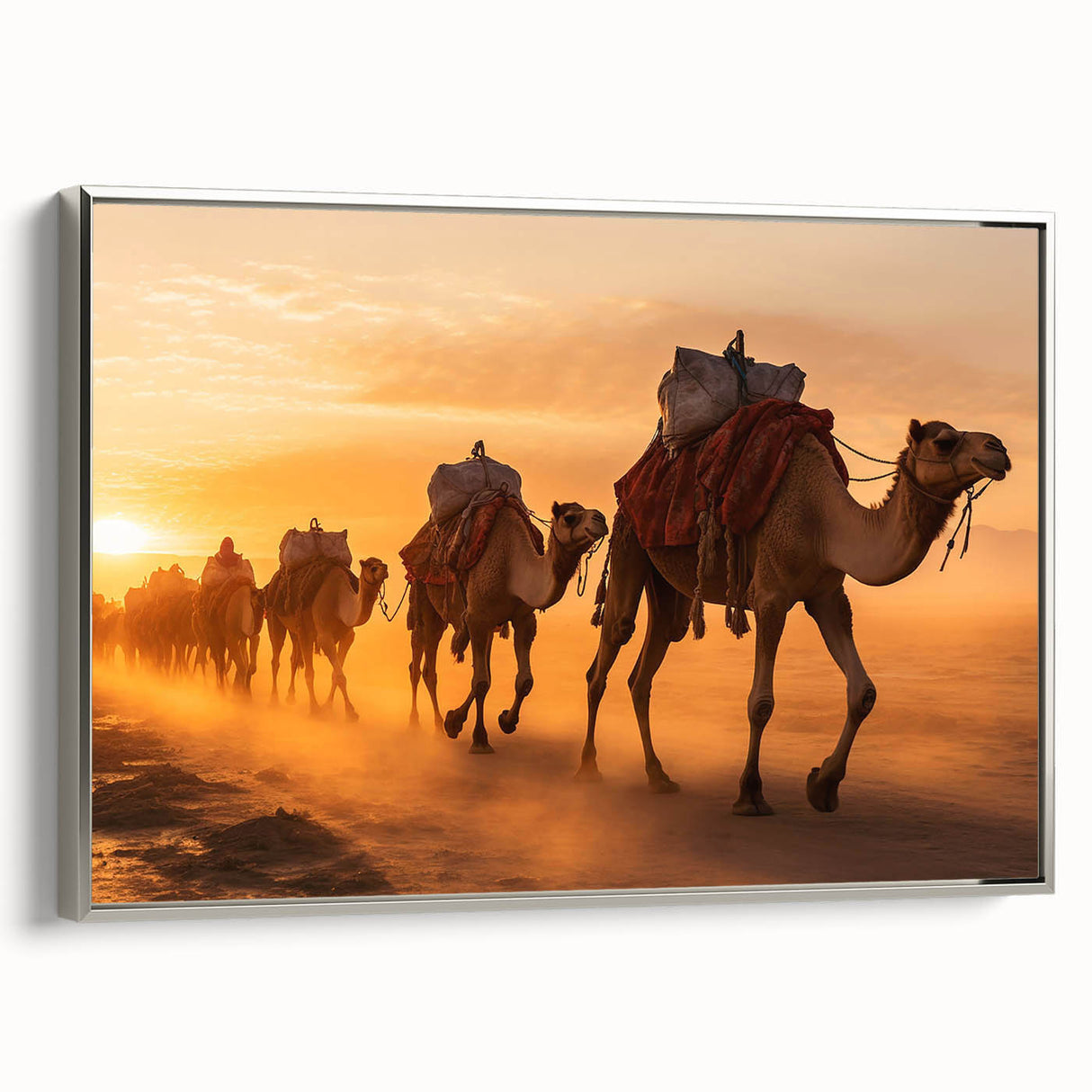 Framed wall art featuring a side view of a silver camel design, showcasing intricate details and textures, perfect for enhancing modern decor and wildlife themes.