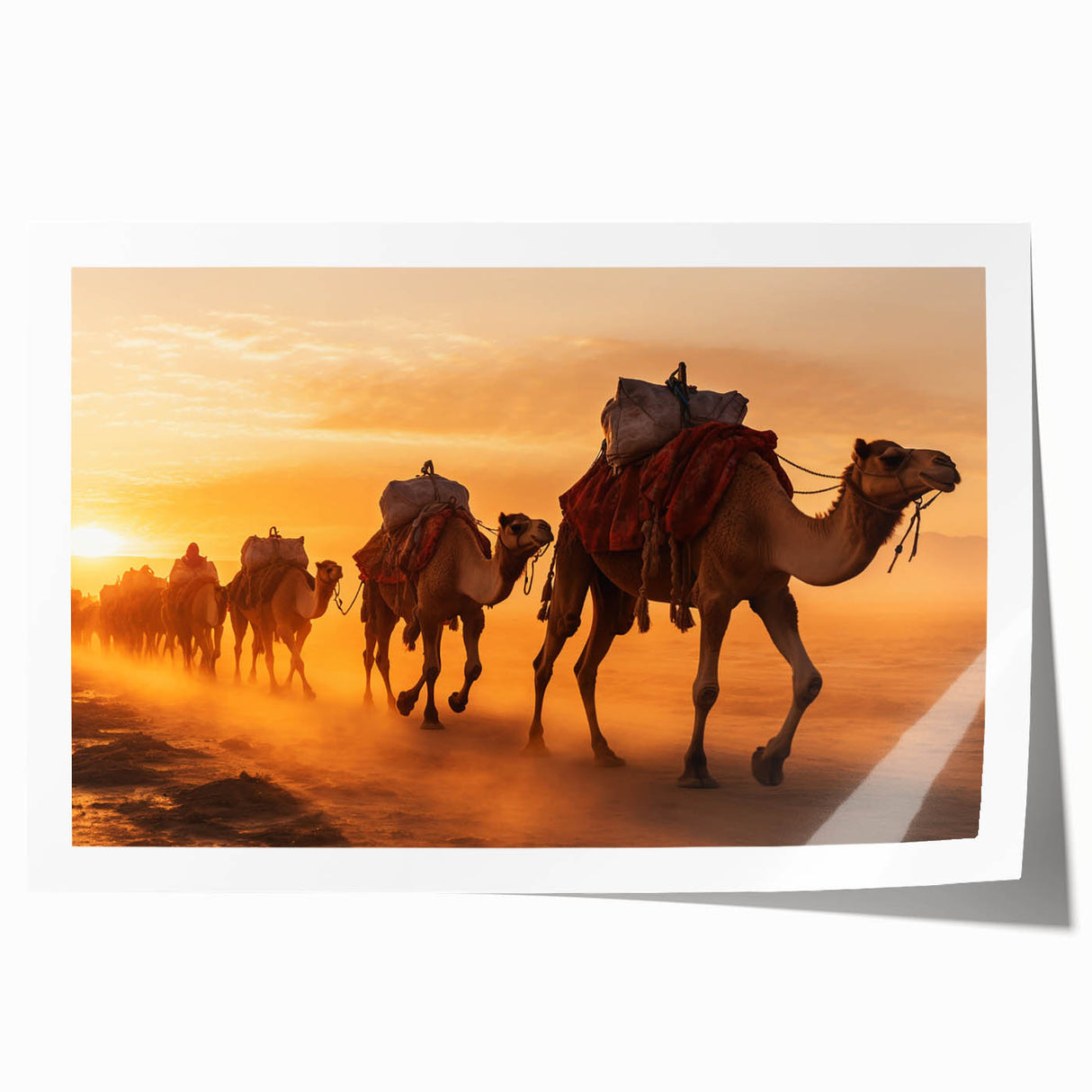 Camel-themed wall art print showcasing a vibrant desert landscape with intricate details, perfect for adding a touch of wildlife decor to any space.