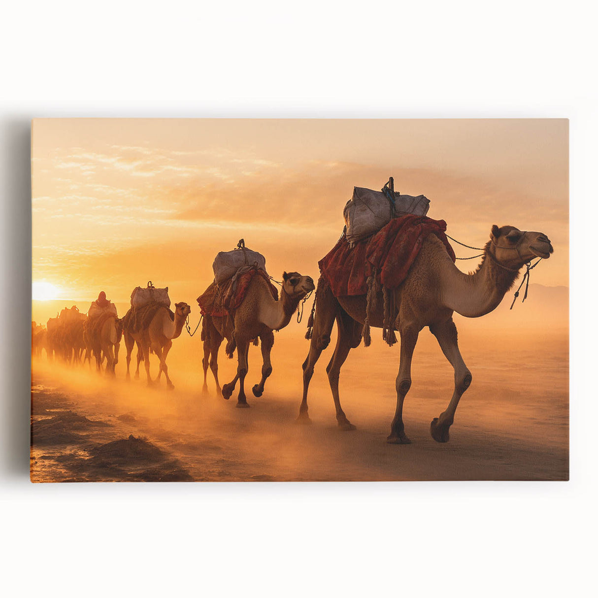 Front view of a vibrant stretched canvas wall art featuring a detailed camel design, showcasing intricate patterns and earthy tones, perfect for wildlife enthusiasts.