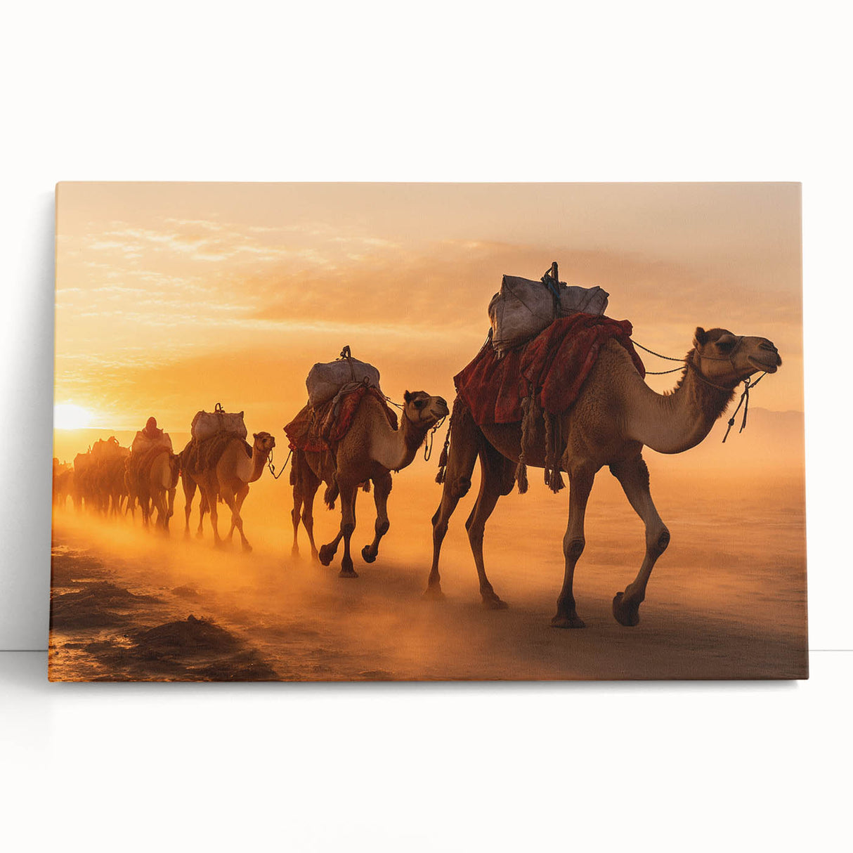 Stretched canvas wall art featuring a vibrant camel design with earthy tones, perfect for adding a touch of nature-inspired decor to any living space.