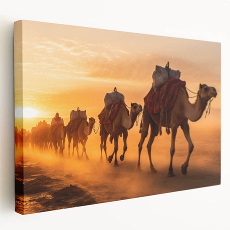 Side view of a beautifully designed stretched canvas wall art featuring a camel in a wild landscape, showcasing vibrant colors and intricate details, perfect for home decor.