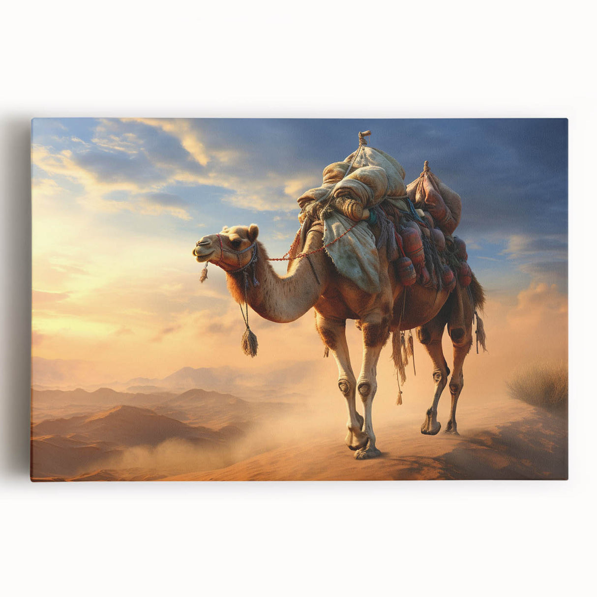 Stretched canvas wall art depicting a detailed front view of a camel in a wild desert landscape, showcasing rich colors and textures ideal for animal lovers.