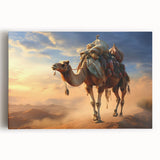 Stretched canvas wall art depicting a detailed front view of a camel in a wild desert landscape, showcasing rich colors and textures ideal for animal lovers.