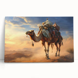 Stretched canvas wall art featuring a vibrant camel design against a desert backdrop, ideal for adding a touch of wildlife decor to any room.
