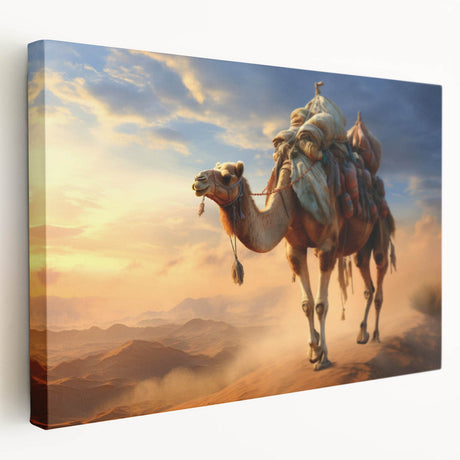 Stretched canvas artwork showcasing a side view of a camel in a natural desert setting, highlighting intricate details and earthy tones, perfect for wildlife-themed decor.