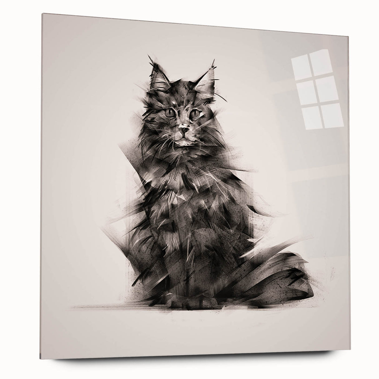 Acrylic glass wall art featuring a vibrant wild cat design, showcasing intricate details and colors, elegantly displayed in a side view without pins, perfect for animal lovers.