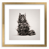 Gold-framed wall art featuring a whimsical cat design, set against a white background, perfect for animal lovers and modern decor enthusiasts.