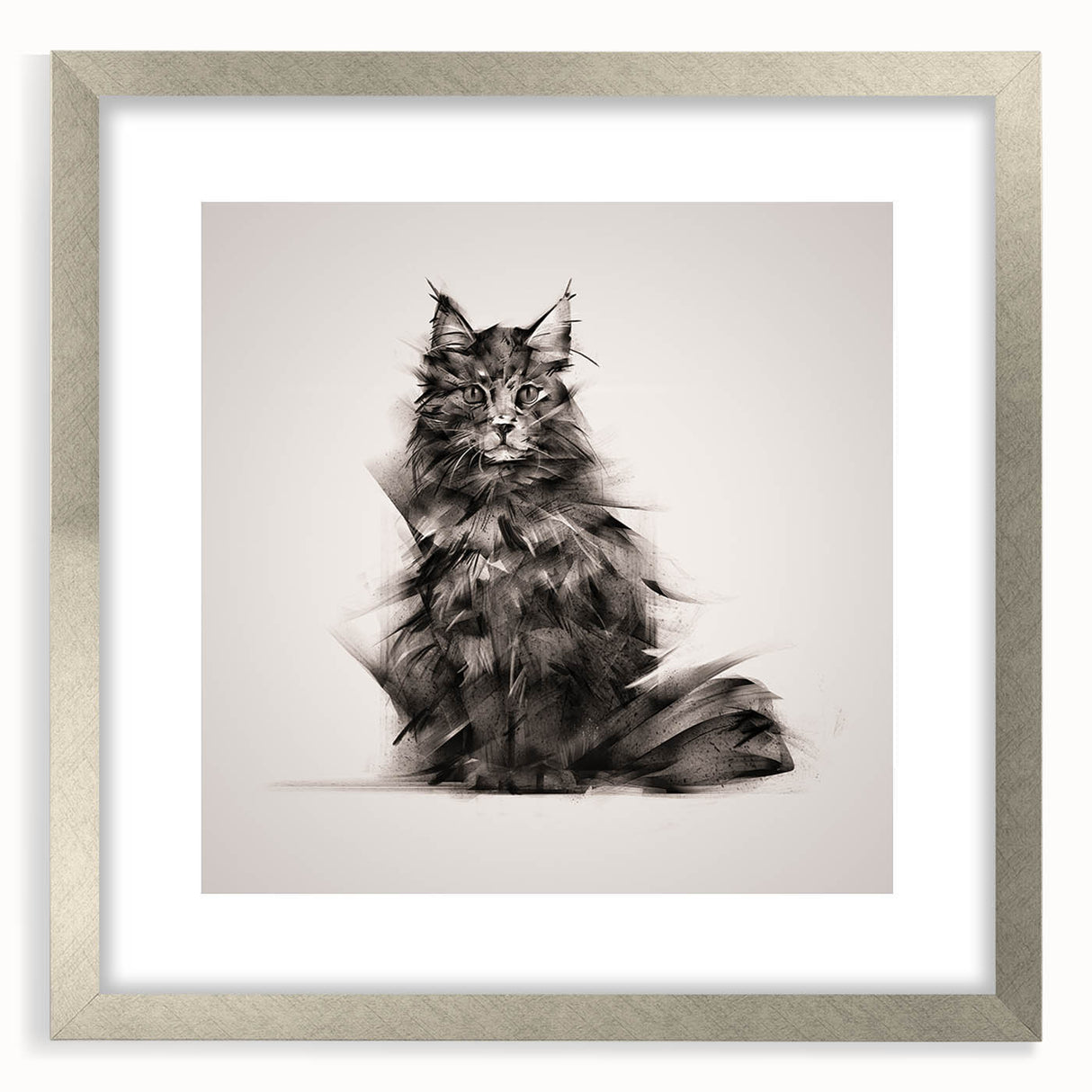 Framed wall art featuring a whimsical cat design from the Animals A Wild Life collection, showcasing a silver frame and mat, perfect for home decor.