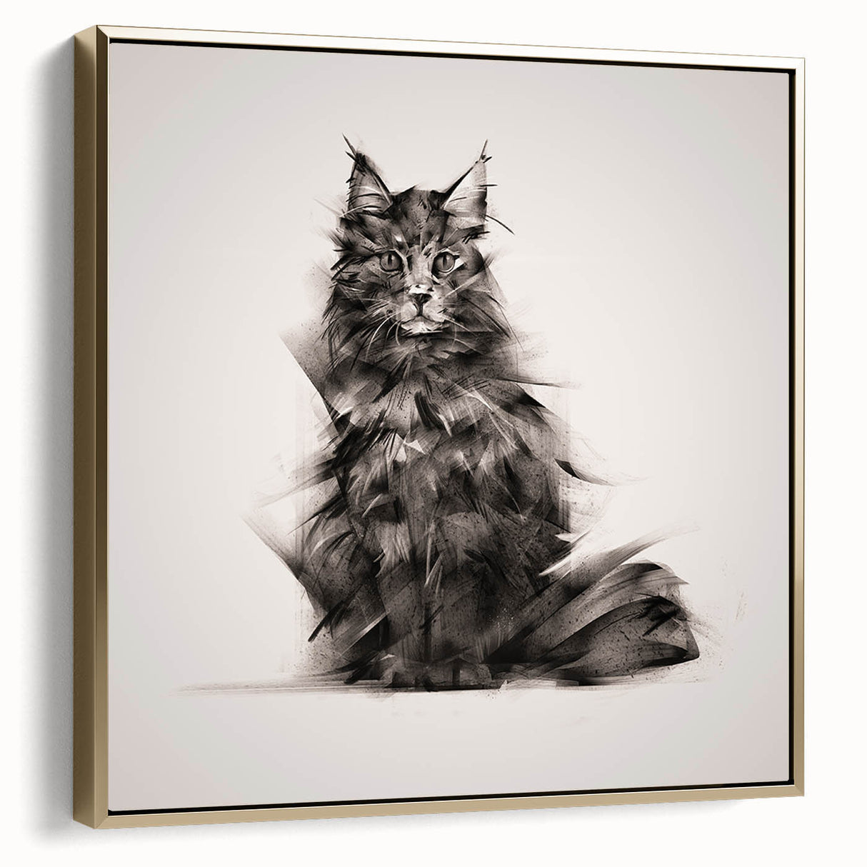 Framed wall art showcasing a whimsical cat design in vibrant colors with a gold frame, perfect for adding a playful touch to home decor.