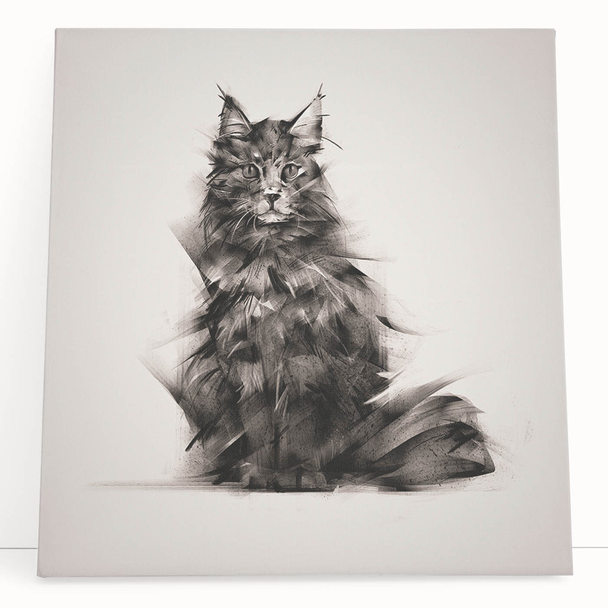 Stretched canvas wall art featuring a playful cat design in vibrant colors, elegantly leaning against a neutral-toned wall, perfect for animal lovers' decor.
