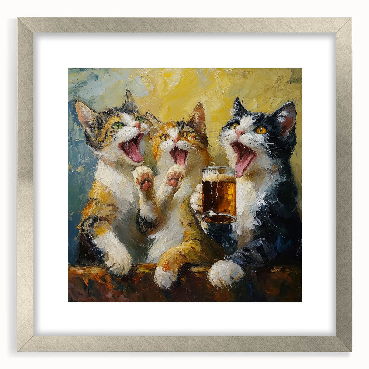 Silver-framed wall art featuring a whimsical cat design from the "Animals A Wild Life" collection, showcasing vibrant colors and playful details, perfect for animal lovers.