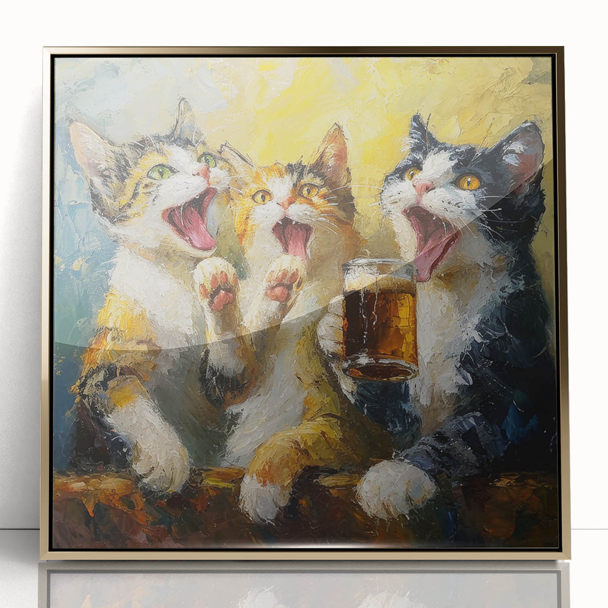 Framed acrylic wall art featuring a vibrant cat design, showcasing bold colors and intricate details, ideal for animal lovers and home decor enthusiasts.