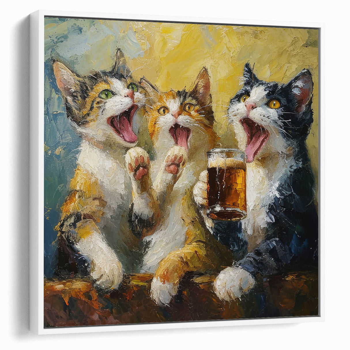 Framed canvas wall art featuring a whimsical wild cat design in vibrant colors, showcasing a side view against a white background, perfect for animal lovers.