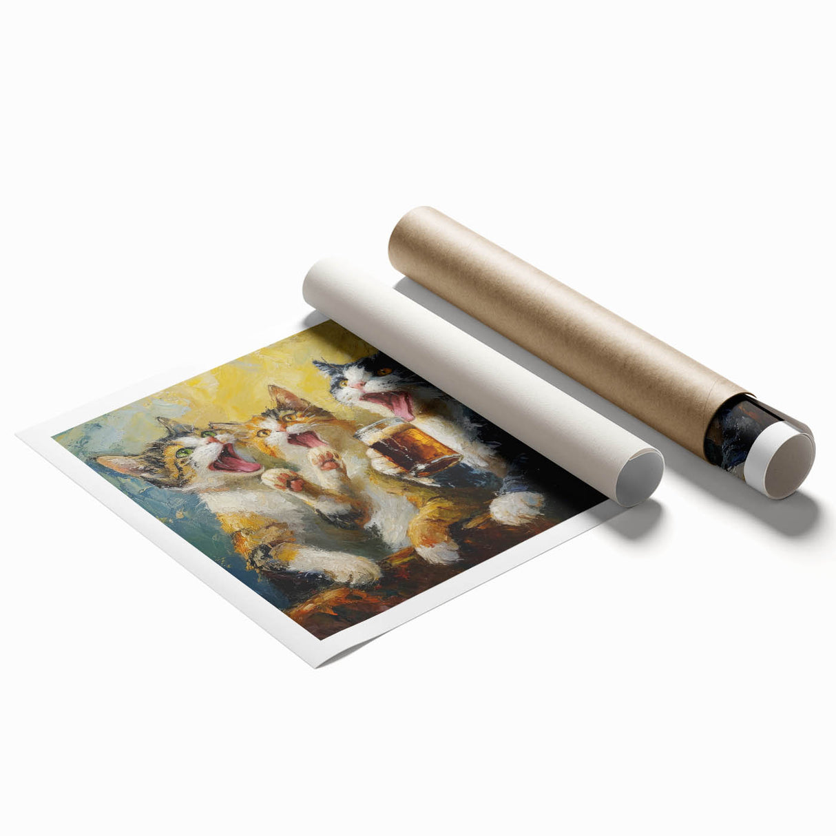 Rolled print showcasing a vibrant cat-themed wall art design featuring whimsical illustrations of various felines, perfect for adding a playful touch to home decor.