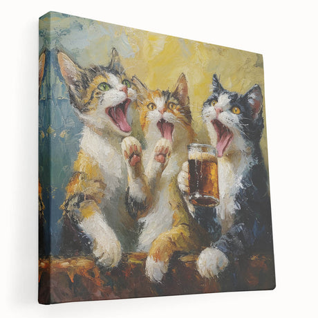Stretched canvas wall art featuring a whimsical cat design in vibrant colors, showcasing playful patterns and textures, perfect for animal lovers' decor.