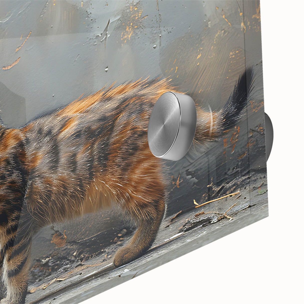Close-up of a vibrant acrylic wall art piece featuring a playful wild cat design, showcasing intricate details and bold colors, ideal for animal lovers and home decor.