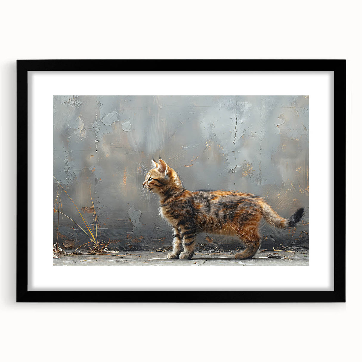 Black-framed wall art featuring a whimsical cat design, set against a white background. Part of a wildlife-themed collection, this striking piece adds playful charm to any room decor.
