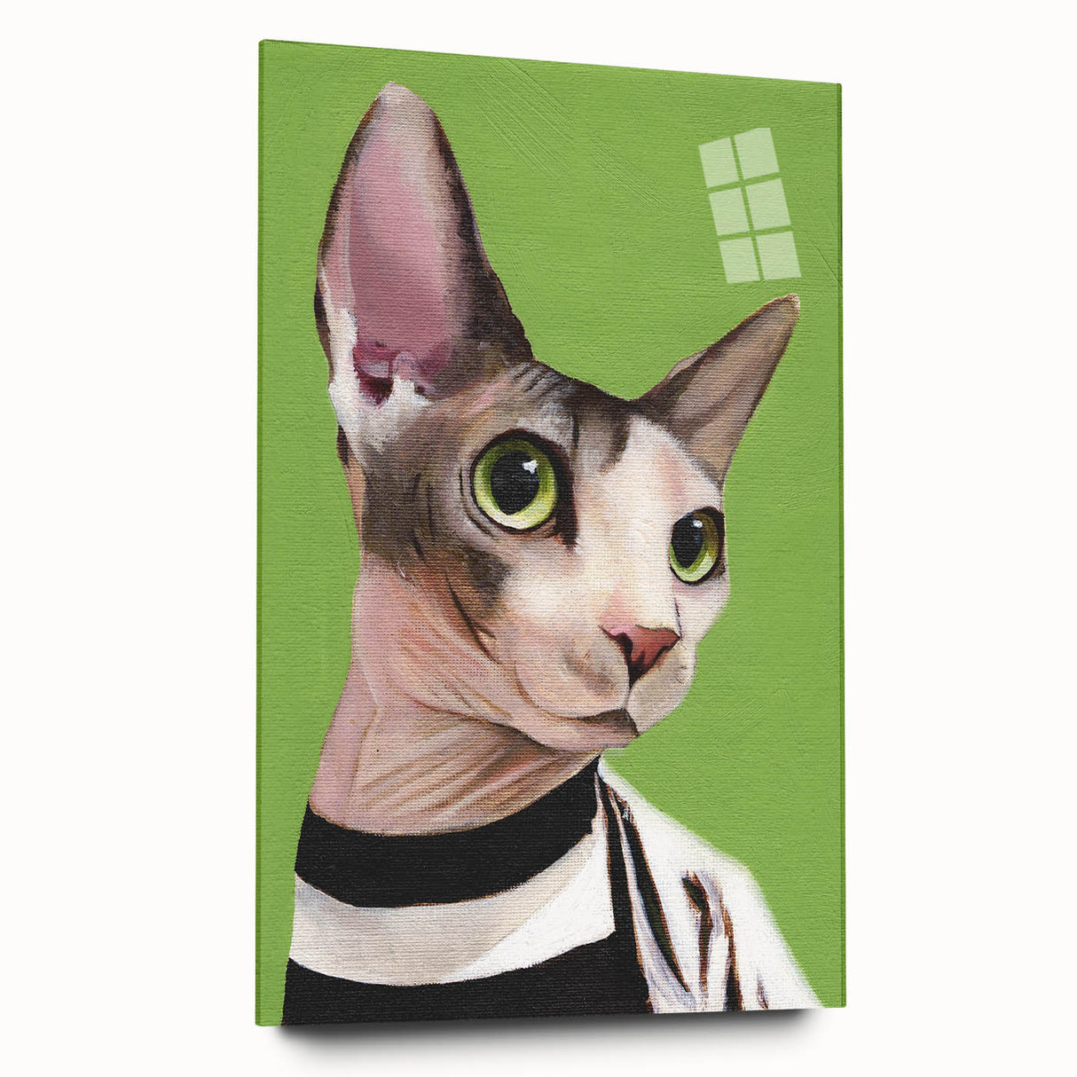Side view of a sleek acrylic glass wall art piece featuring a whimsical cat design, showcasing vibrant colors and intricate details, perfect for animal lovers’ decor.