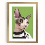 Gold-framed wall art collection featuring a whimsical cat design, set against a white mat, perfect for animal lovers and home decor enthusiasts.