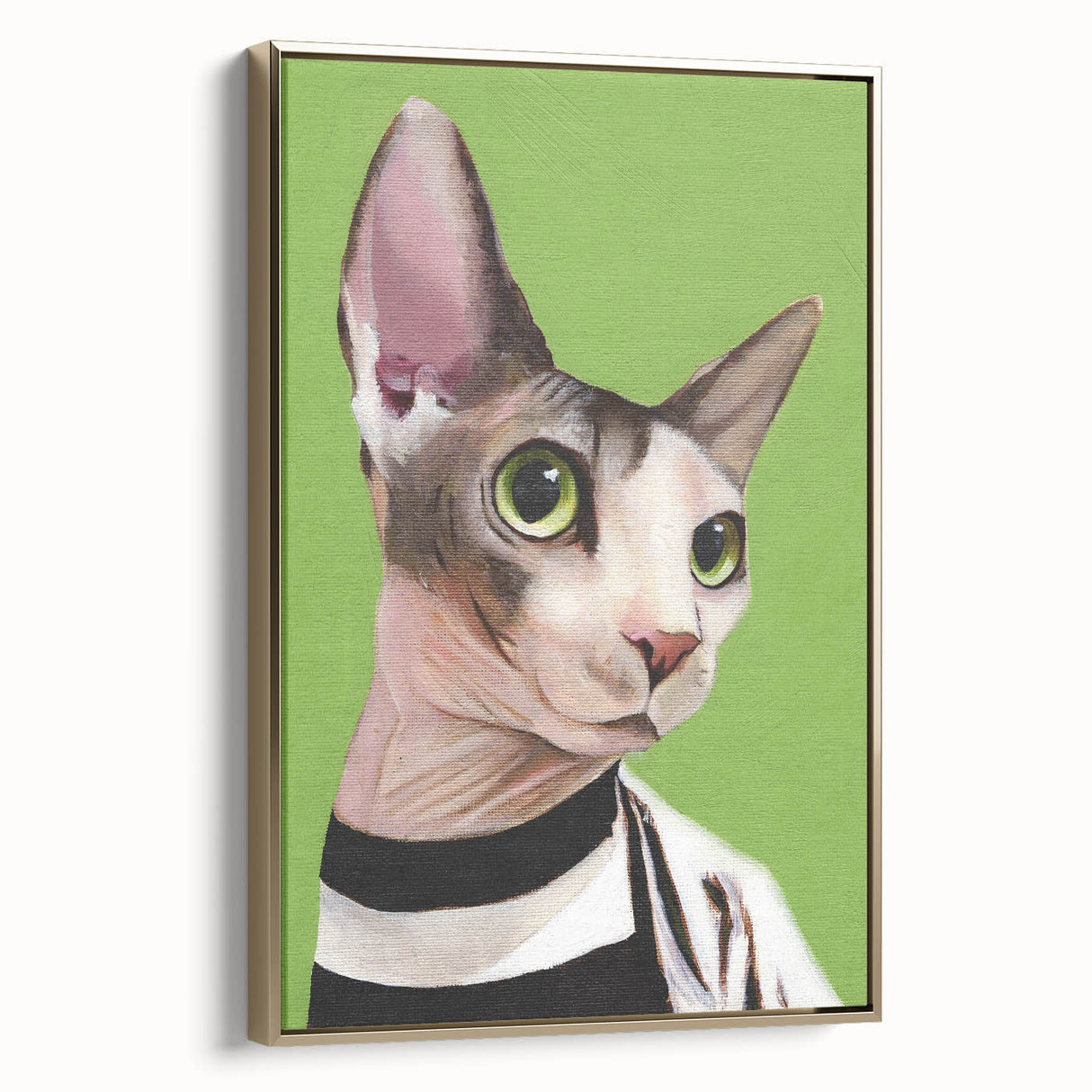 Framed wall art featuring a stylish cat design with a gold border, showcasing a contemporary aesthetic ideal for animal lovers and modern decor enthusiasts.