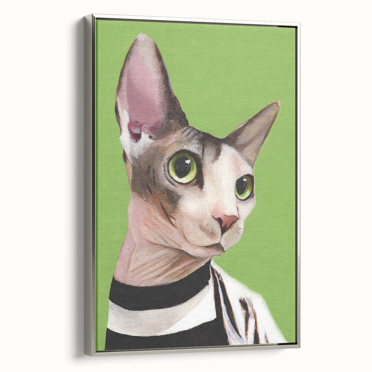 Framed wall art collection featuring a whimsical cat design on canvas, with a sleek silver frame, ideal for cat lovers, enhancing home decor aesthetics.