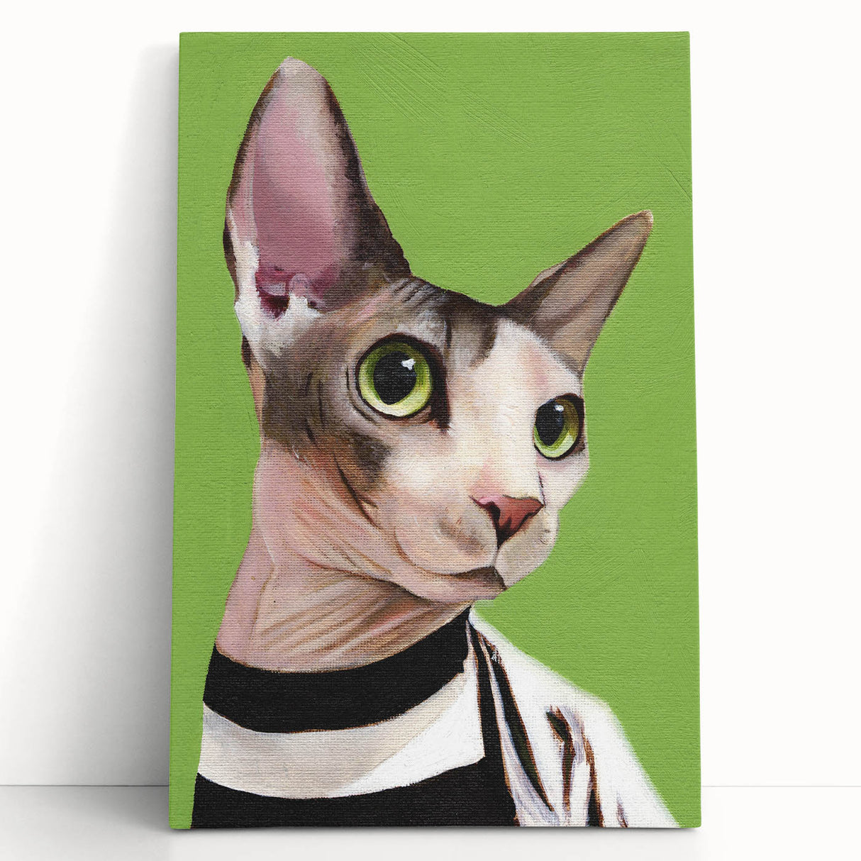 Stretched canvas wall art featuring a whimsical cat design in vibrant colors, showcasing playful details and unique textures, perfect for animal lovers' decor.