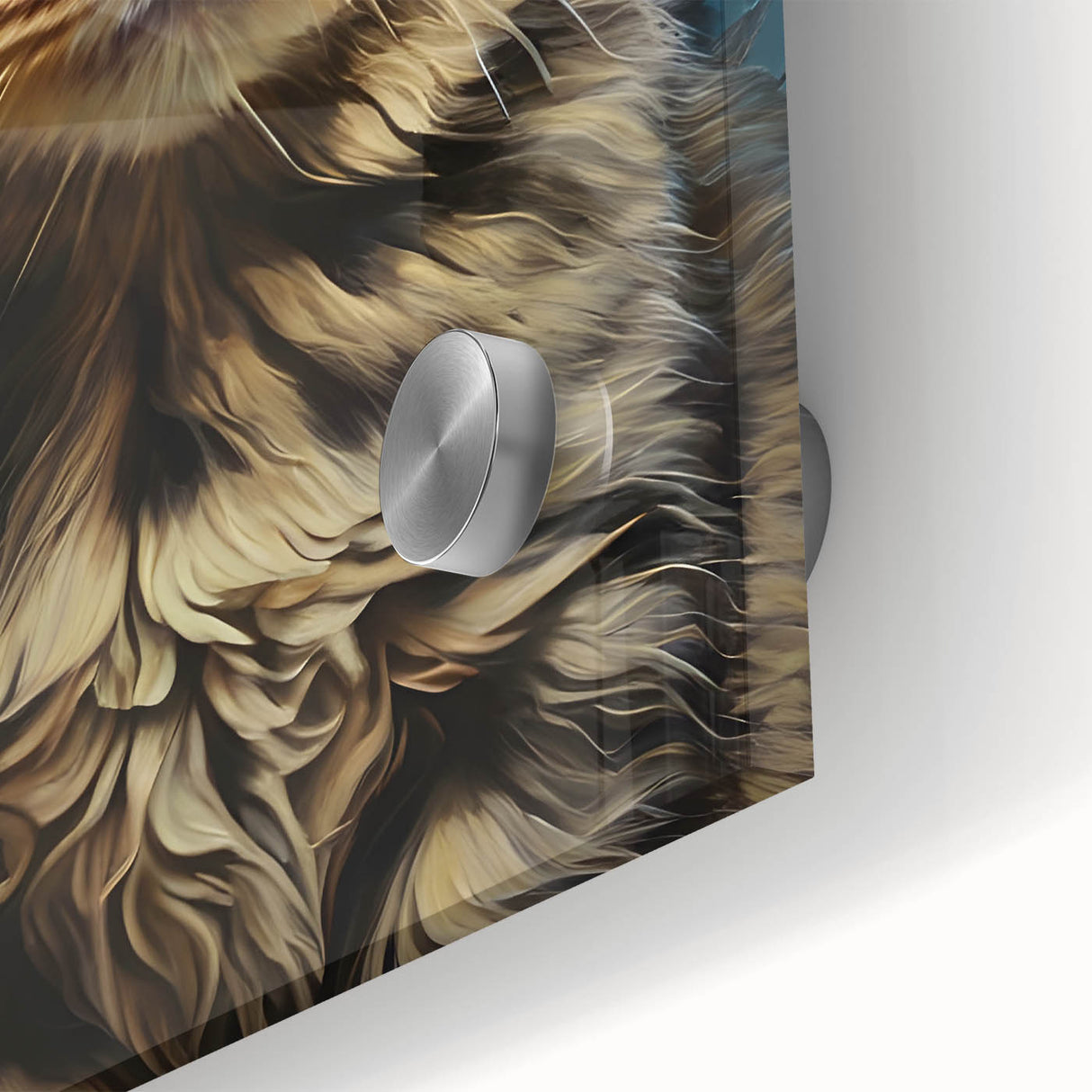 Close-up of a vibrant acrylic glass wall art piece featuring a whimsical cat design, showcasing intricate details and vivid colors, perfect for animal lovers’ decor.