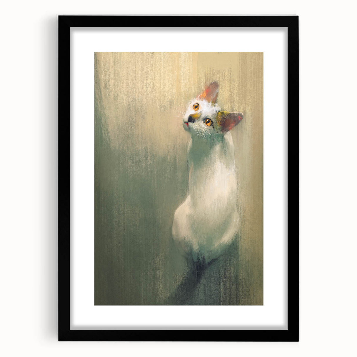 Framed black wall art featuring a whimsical cat design from the "Animals: A Wild Life" collection, showcasing vibrant colors and intricate details, perfect for animal lovers.