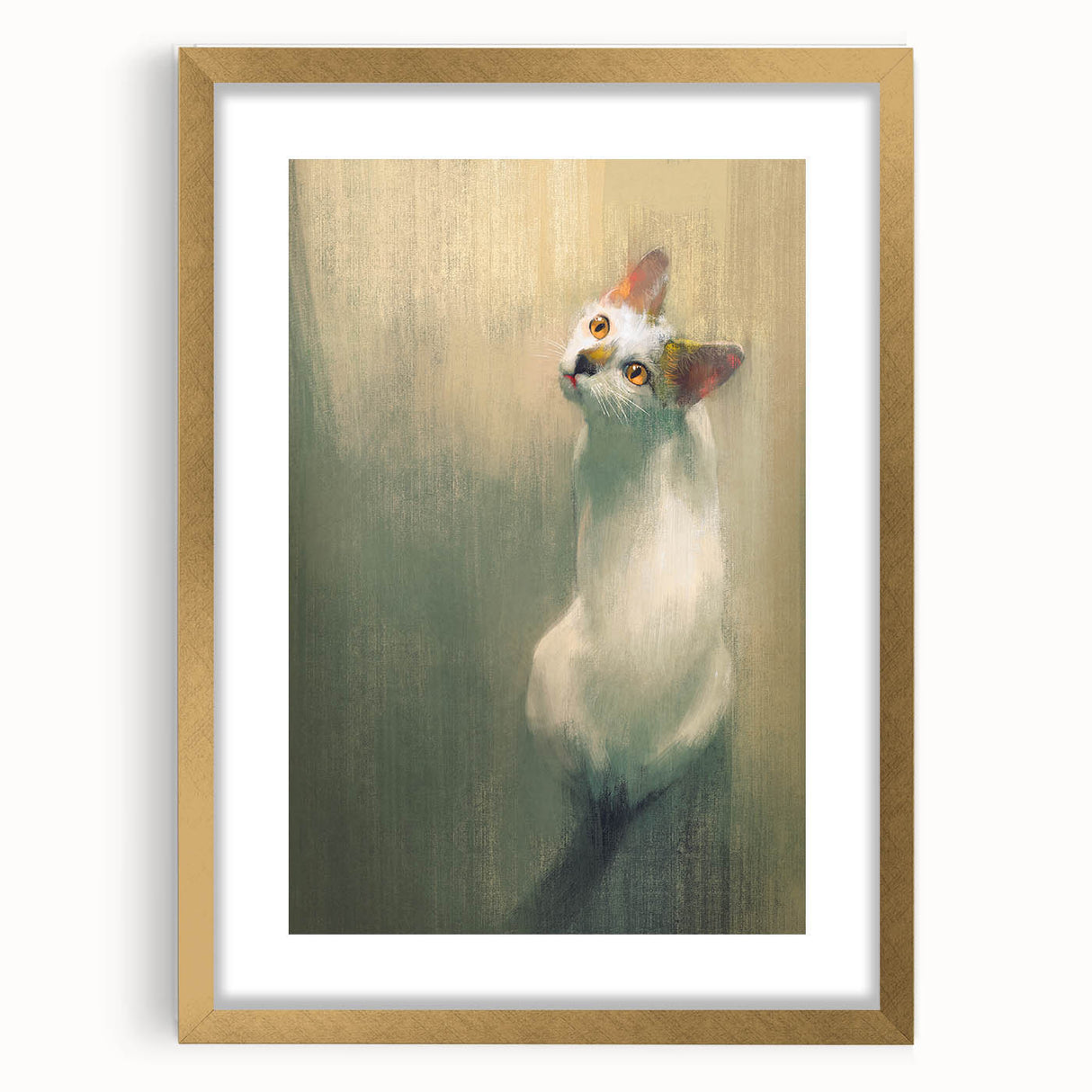 Framed wall art featuring a stylish cat design from the 'Animals A Wild Life' collection, showcased in a gold frame with a mat, perfect for modern decor.