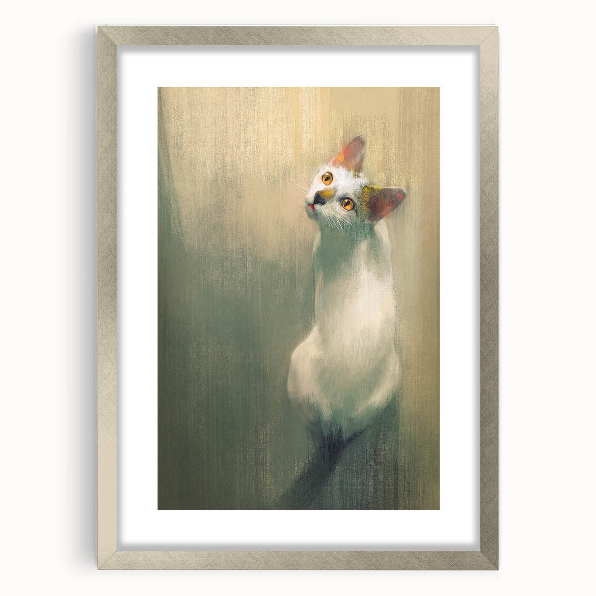 Framed wall art featuring a sleek silver frame showcasing a whimsical cat design, perfect for animal lovers; adds charm to any modern decor with a mat for enhanced presentation.