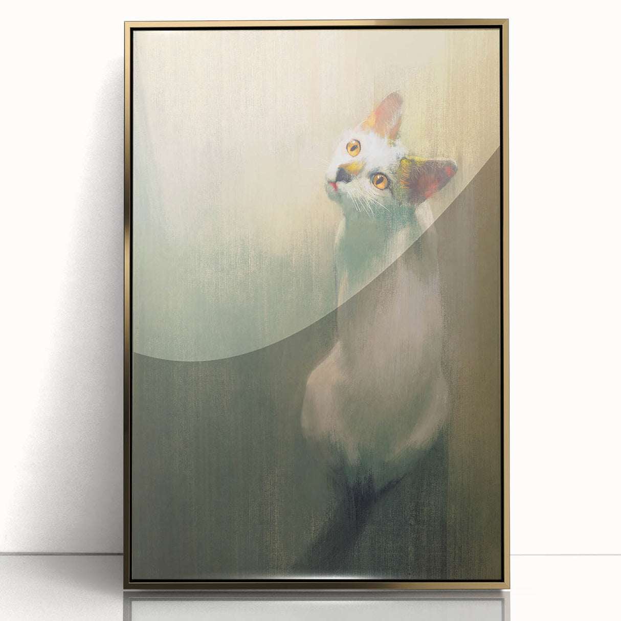 Framed wall art featuring a striking cat design with intricate details, set in a gold-accented frame, ideal for adding a touch of elegance to any home decor.
