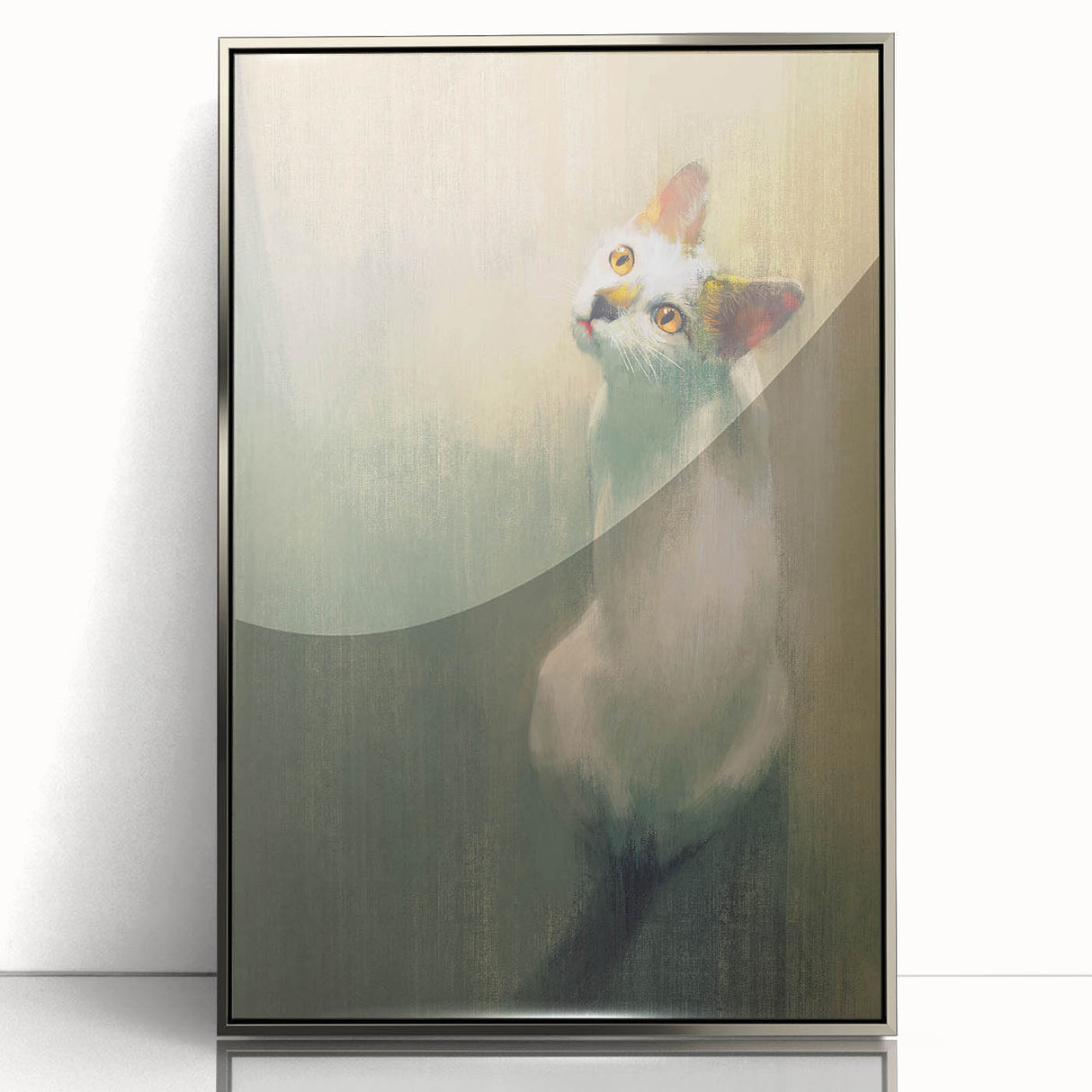 Framed acrylic wall art featuring a striking silver cat design, showcasing intricate details against a sleek background, ideal for modern home decor.