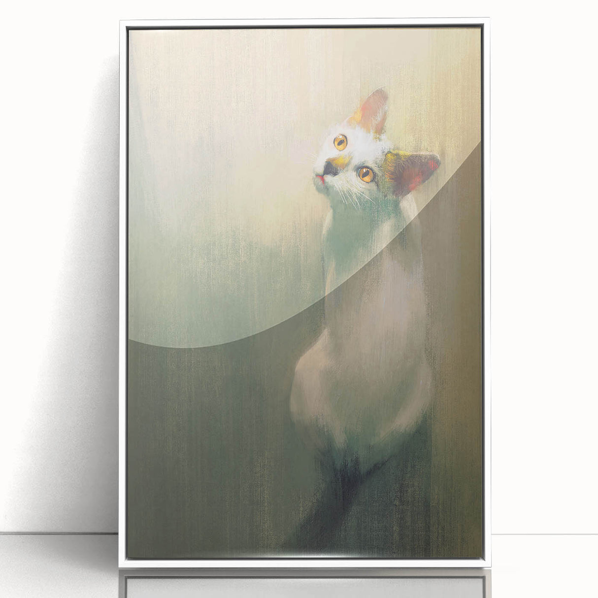 Framed acrylic wall art featuring a whimsical cat design in a white frame, showcasing vibrant colors and playful patterns, perfect for animal lovers and home decor enthusiasts.
