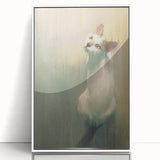 Framed acrylic wall art featuring a whimsical cat design in a white frame, showcasing vibrant colors and playful patterns, perfect for animal lovers and home decor enthusiasts.